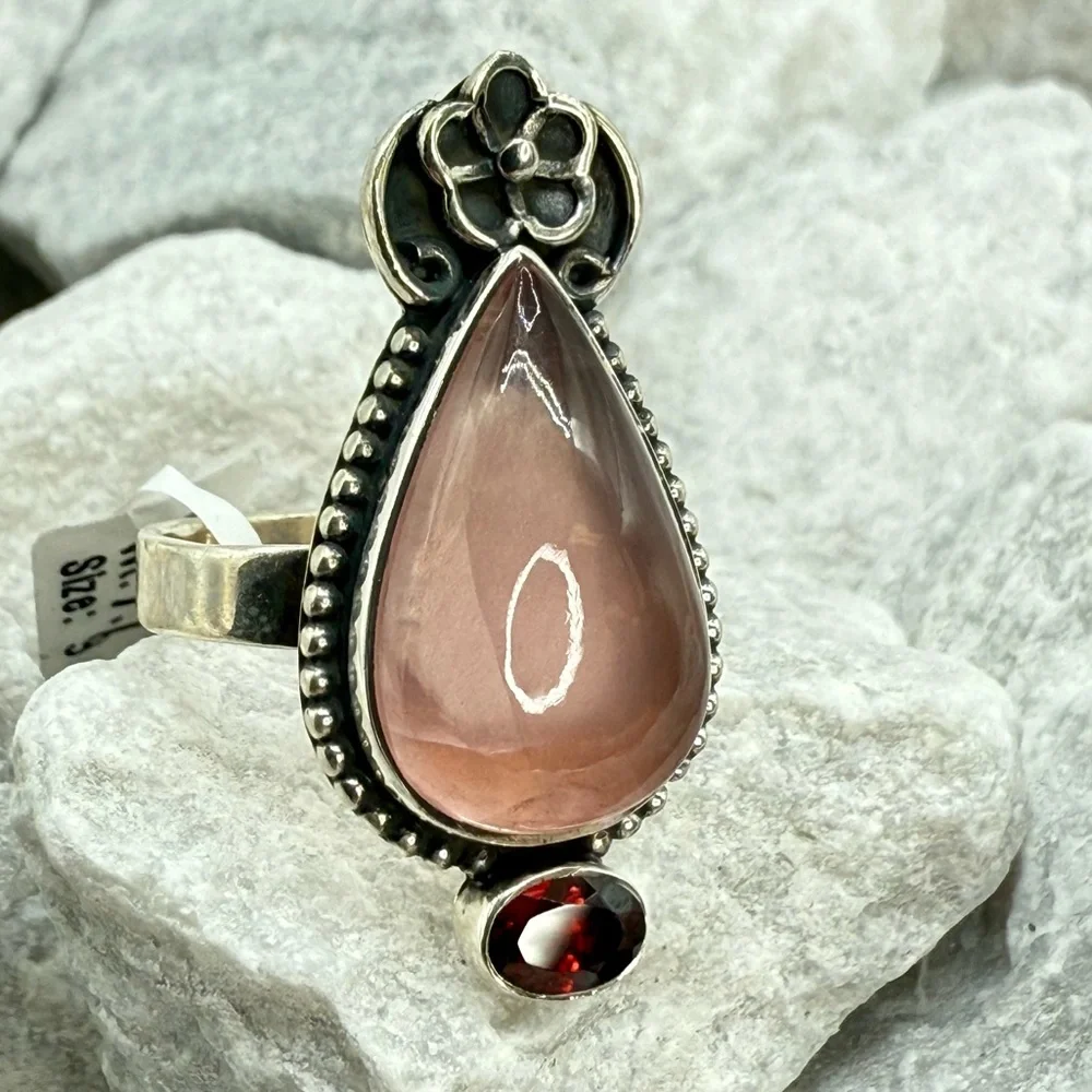 NWT Sterling Silver Rose Quartz & Garnet Ring Size 9 Southwestern Boho 925